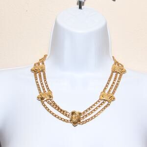 Vintage Lucien Piccard Goldtone Lion Shield 3 strand chunky necklace